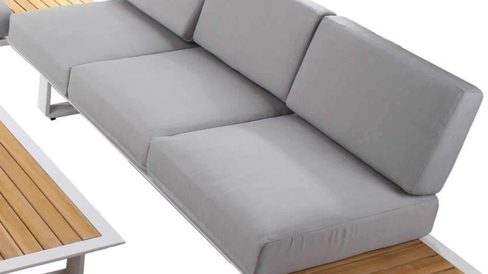 Alu Dyna Lounge-Set Alu Weiß mit Teakholzplatte + grauen QDF-Sitz- und Rückenkissen, 286 cm x 230 cm x H78 cm