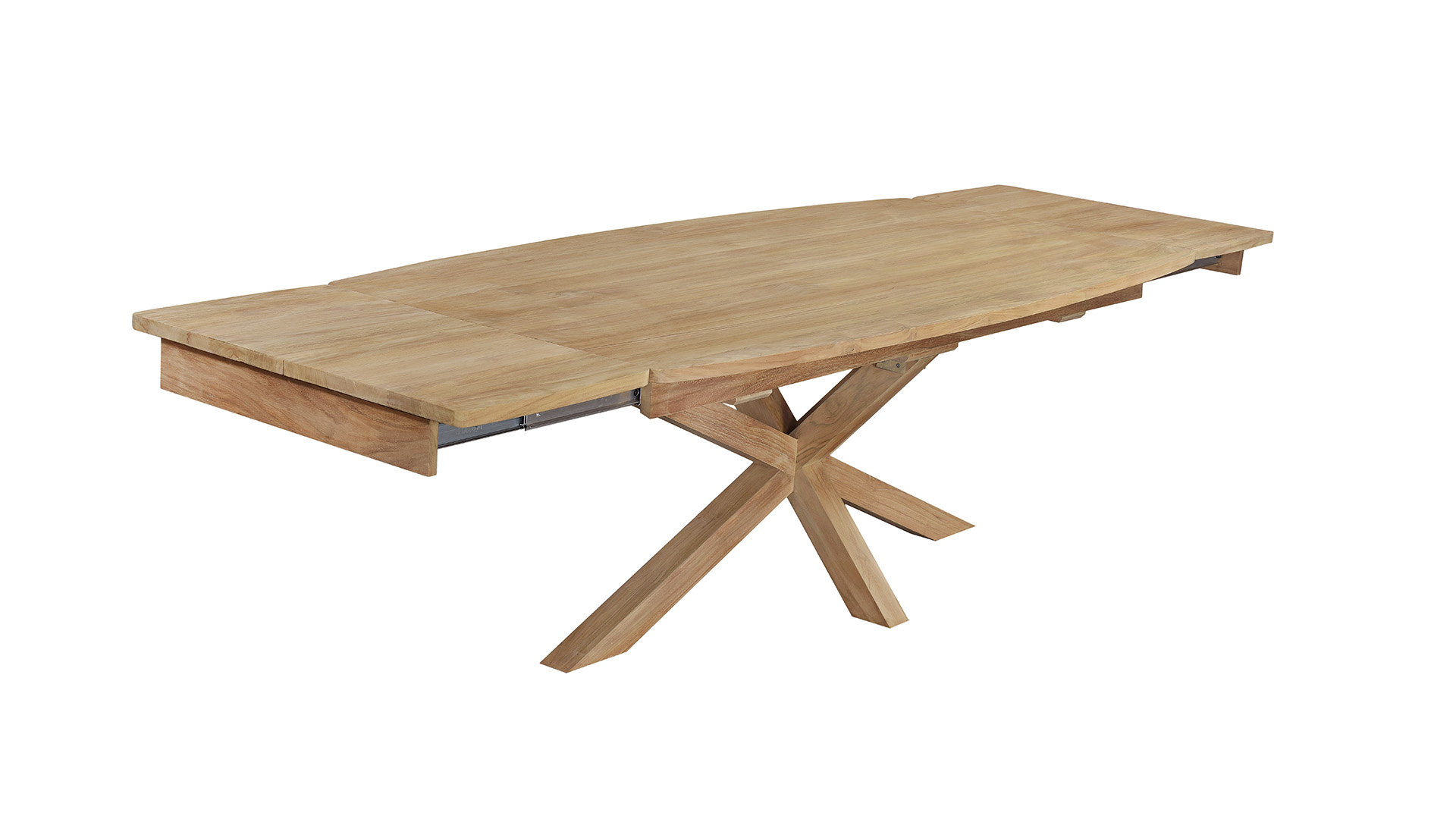 Teak-Innentisch Neo ausziehbar mit Spyder-Beinen aus Holz, 220 cm x 320 cm x 110 cm x H 80 cm, Teak hell gebürstet