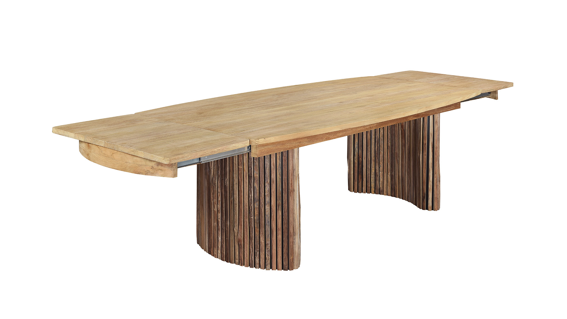 Neo Interior Ausziehbarer Tisch mit halbmondförmigen Beinen, schwarzes Holz, 220 cm x 320 cm x 110 cm x H80 cm, Teak hell gebürstet