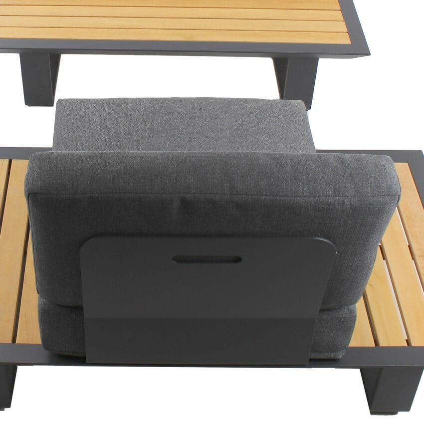 Alu Dyna Lounge-Set, Alu-Anthrazit, mit Teakholzplatte + schwarzen QDF-Sitz- und Rückenkissen, 286 cm x 230 cm x H78 cm