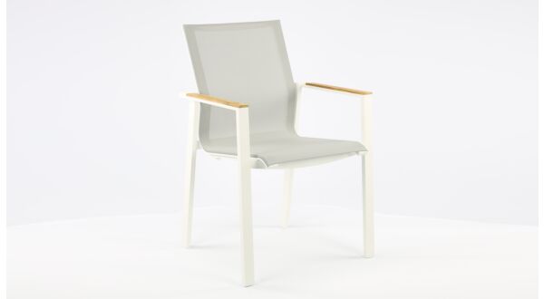 Chaise empilable Alu Brooklyn Blanc Mat - Textilène Gris Clair + Accoudoir Teck