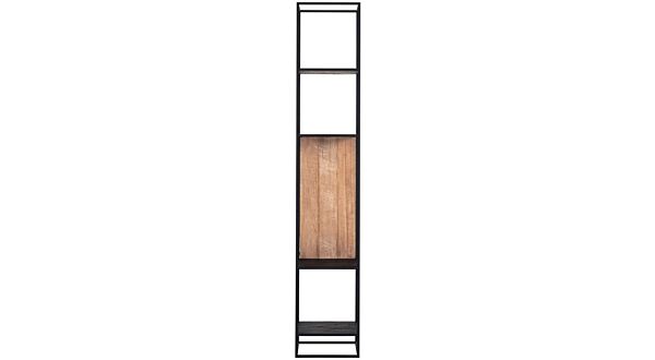 Cosmo TV-Wandelement-Bücherregal, klein, 40 cm x 40 cm x 220 cm hoch, aus Teakholz mit schwarzem Metallrahmen