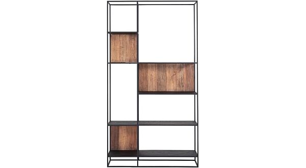 Cosmo TV Wall Element Book Rack Large 120cm x 40cm x H220cm Recup Teak Wood With Black Metal Frame