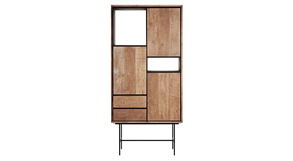 Metropole Wall Cabinet With 3 Doors + 2 Drawers + 2 Open Compartments 100cm x 40cm x H210cm Recup Teak Wood With Black Metal Frame
