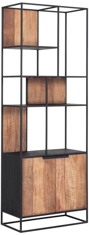 Cosmo TV-Wandelement, Bücherregal, 2 Türen und offenes Regal, 80 cm x 40 cm x H 220 cm, Recup-Teakholz mit schwarzem Metallrahmen