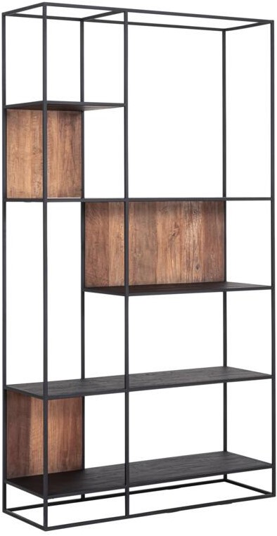Cosmo TV Wall Element Book Rack Large 120cm x 40cm x H220cm Recup Teak Wood With Black Metal Frame